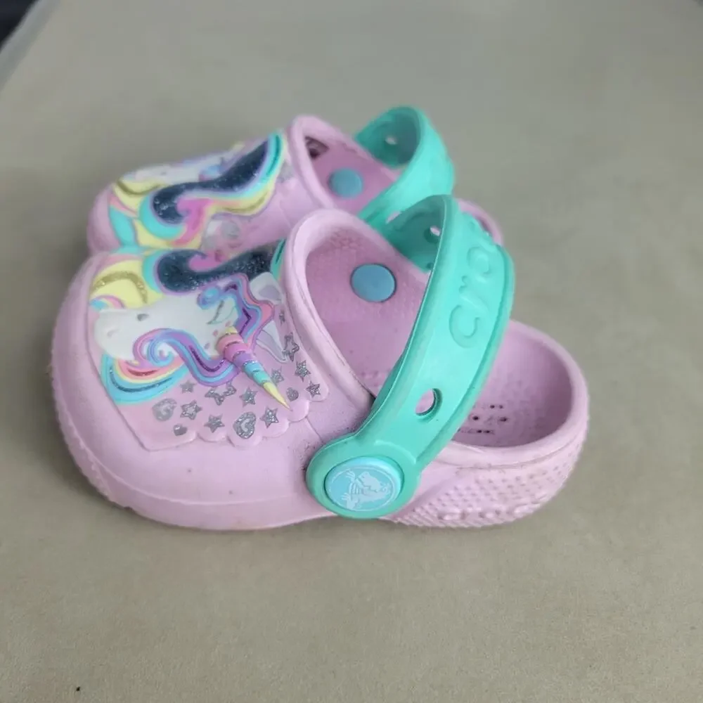 Fun Lab Unicorn Crocs Shoes Baby Girls Size‎ 4 Pink Clog Slip On Comfort Sandals